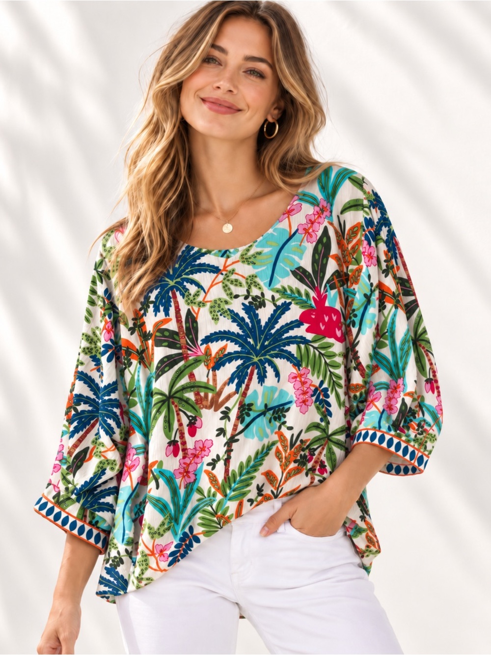 Orientique Tropical Jungle Print Crinkle Rayon Blouse Tunic XS